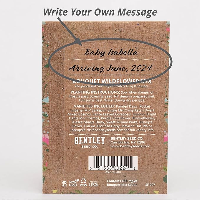 BENTLEY SEED CO. Oh Baby Flower Seeds Packets - Girl/Boy Baby Shower Favors - Pre-Filled, 25 Wildflower Seed Packs for Favor - Eco-Friendly Gift & Babys Guest Giveaways - Non-GMO Seeds - Brown Envelop