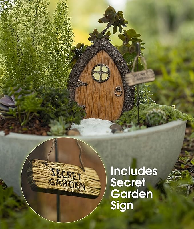 Fairy Door and Windows for Trees – Glow in The Dark Yard Art Sculpture Decoration for Kids Room, Wall and Trees Outdoor | Miniature Fairy Garden Outdoor Decor Accessories with Secret Garden Sign