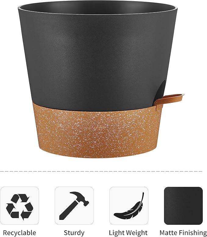 FaithLand 2-Pack 10 Inch Planter Pots for Indoor Outdoor Plants, Self Watering Flower Pots with Deep Reservoir, Black with Terracotta …