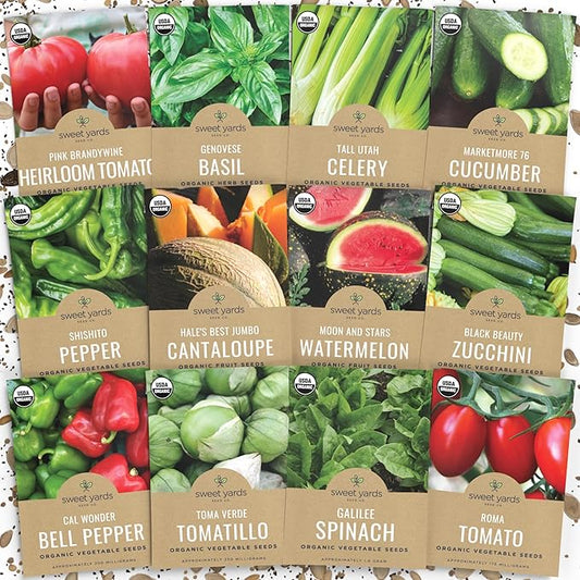 Organic Summer Seeds Variety Pack - 12 Individual Packs - 2025 Season - Basil, Tomatoes, Cucumber, Watermelon and More! for Indoor & Outdoor Planting (Non-GMO, Certified Organic)