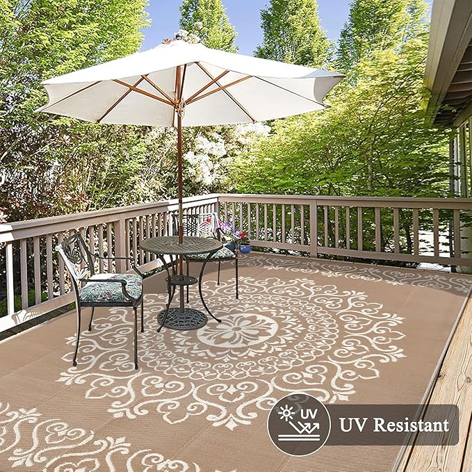 Pauwer Waterproof Outdoor Rug 8x10, Reversible Plastic Straw Patio Camping Rug, Indoor Outdoor RV Mat Carpet for Deck, Camper, Porch, Balcony, Backyard, Picnic, Floral Brown