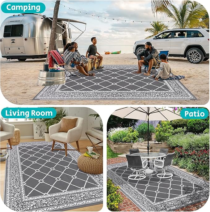 HEBE Outdoor Rug Waterproof 8x10, Reversible Plastic Straw Rug RV Camping Rug, Indoor Outdoor Patio Mat Clearance, Outside Carpet for Porch,Deck,Camper,Balcony,Backyard,Picnic