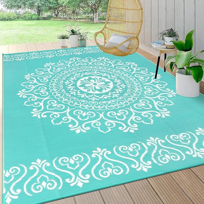 Pauwer Waterproof Outdoor Rug 8x10, Reversible Plastic Straw Patio Camping Rug, Indoor Outdoor RV Mat Carpet for Deck, Camper, Porch, Balcony, Backyard, Picnic, Floral Light Blue