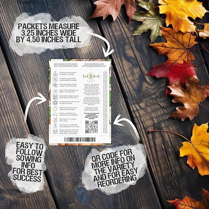 Seed Needs, Specialty Pumpkin Seed Packet Collection (4 Individual Varieties of Pumpkin Seeds for Planting) Fairytale, Blue Jarrahdale, Lumina White & Jack O Lantern