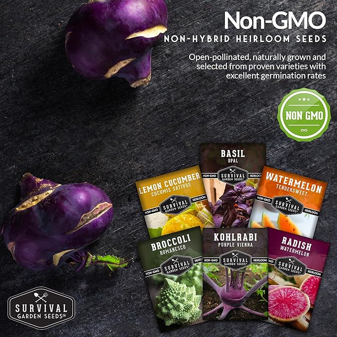 Survival Garden Seeds Rare Exotic Heirloom Veg Collection - Purple Vienna Kohlrabi, Lemon Cucumber, Watermelon Radish, Opal Basil, Romanesco Broccoli, Tendersweet Orange Watermelon Vegetable Seeds