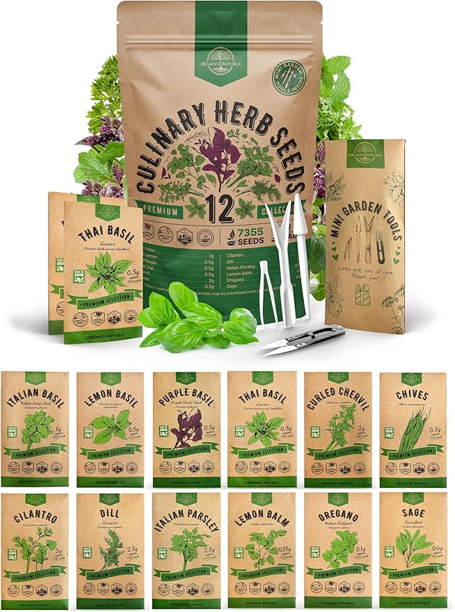 Organo Republic 12 Culinary Herbs Seeds Variety Pack - 7,355+ Heirloom, Non-GMO, Herbs Seeds for Outdoor and Indoor Home Gardening, Including Basil, Cilantro, Chives, Dill, Parsley, Sage