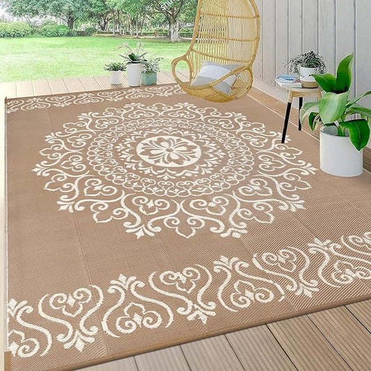 Pauwer Waterproof Outdoor Rug 6x9, Reversible Plastic Straw Patio Camping Rug, Indoor Outdoor RV Mat Carpet for Deck, Camper, Porch, Balcony, Backyard, Picnic, Floral Brown