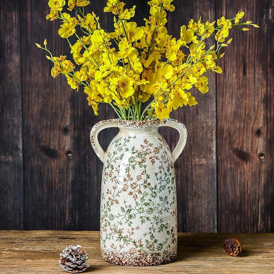 Enra Large Vintage Green and Beige Ceramic Chinoiserie Floral Vase, 11.2 Inch Rustic Decorative Flower Vase for Home, Living Room, Kitchen, or Office – Pastoral Retro Design