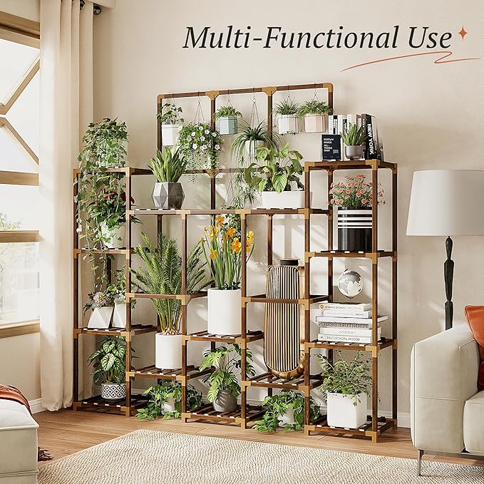 EnHomee 63''H Upgrade Plant Stand Indoor Tall Plant Stands Outdoor with 7 Tiers and 14 Potted Wood Plants Shelves Stand Load-Bearing 600 LBS 11.8''x56''x63''