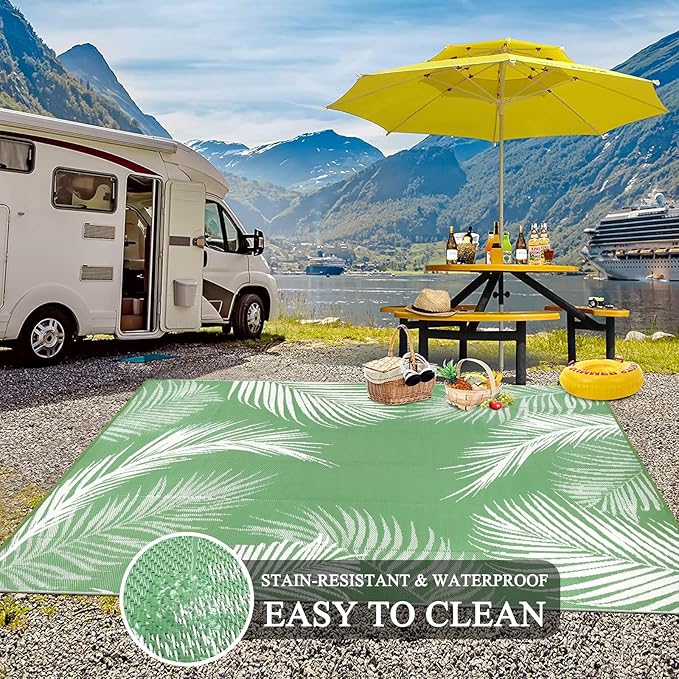 Pauwer Waterproof Outdoor Rug 9x12, Reversible Plastic Straw Patio Camping Rug, Indoor Outdoor RV Mat Carpet for Deck, Camper, Porch, Balcony, Backyard, Picnic, Leaf Green