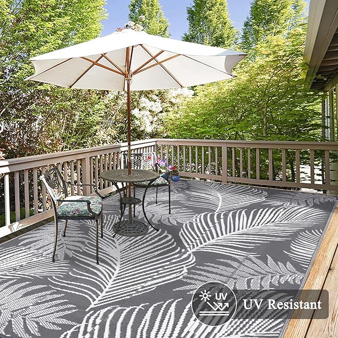 Pauwer Waterproof Outdoor Rug 8x10, Reversible Plastic Straw Patio Camping Rug, Indoor Outdoor RV Mat Carpet for Deck, Camper, Porch, Balcony, Backyard, Picnic, Leaf Grey