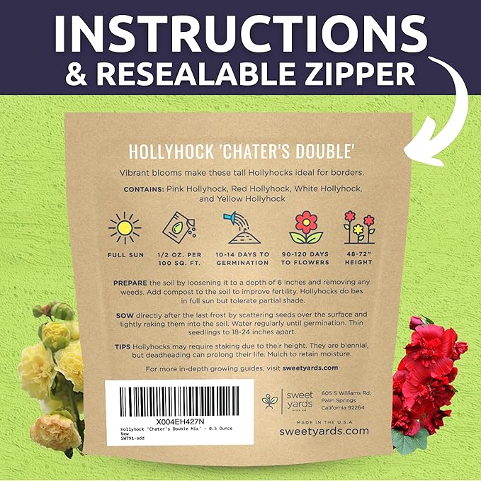 Hollyhock 'Chater's Double' Mix - Large 1/2 Ounce Packet - 1,500 Flower Seeds for Planting - Alcea rosea