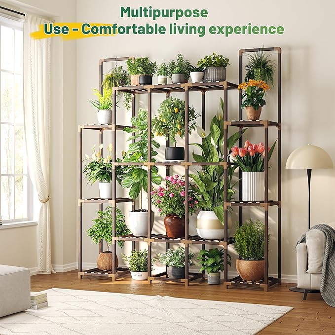 EnHomee Plant Stand Indoor Tall Plant Stand Outdoor Large Wood Plant Shelf Indoor for 20 Pots Plants,4-tiers Plant Holder for Patio Living Room Gardening Balcony 56.1" Wx47 Hx11.78 D