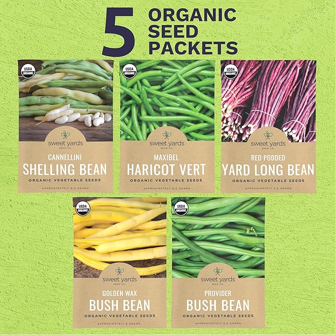 Organic Bean Seeds Variety Pack - 5 Individual Packs - 2025 Season - Golden Wax Bush Bean, Cannellini Shelling Bean and More! for Indoor & Outdoor Planting (Non-GMO, Certified Organic)
