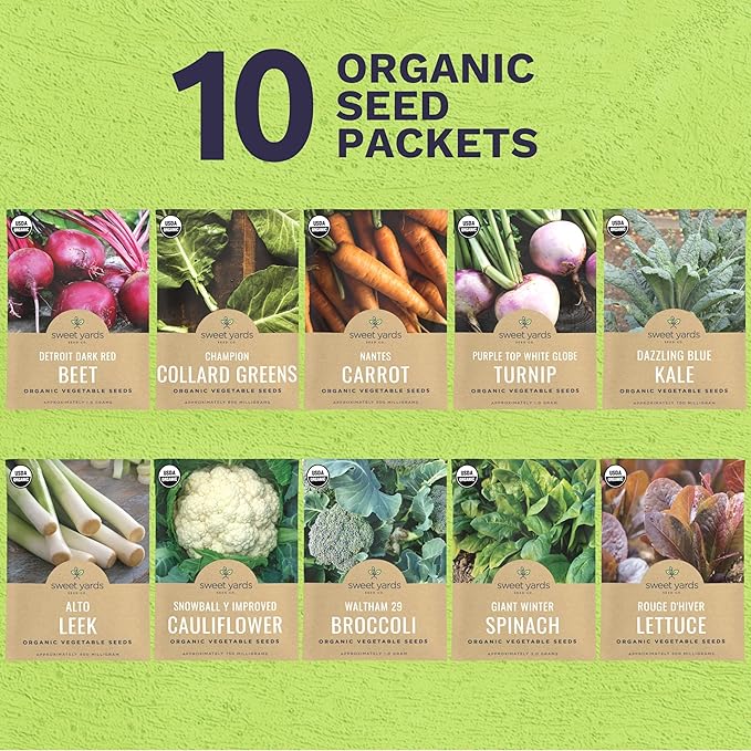 Organic Cold & Hardy Seeds Variety Pack - 10 Individual Packs - 2025 Season - Caulifower, Turnip, Kale, Carrots and More! for Indoor & Outdoor Planting (Non-GMO, Certified Organic)