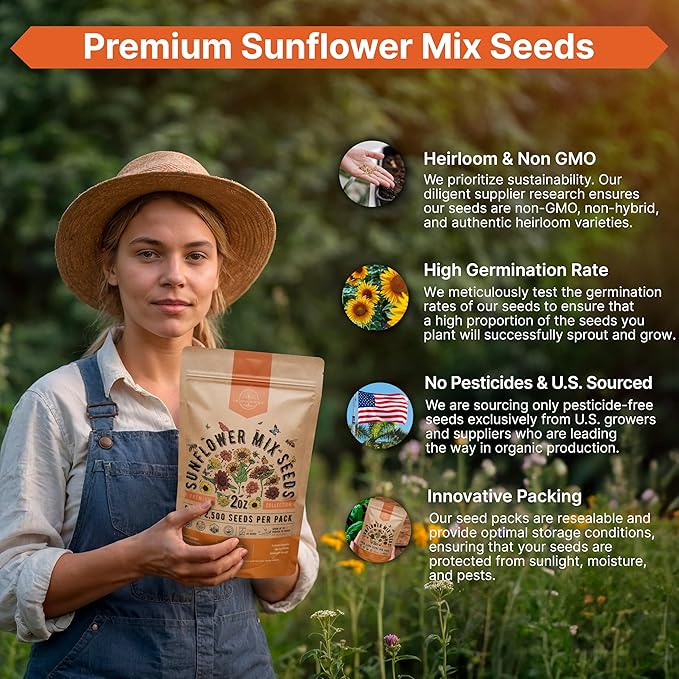Sunflower Mix Seeds Pack 2 oz - Over 2,500 Non-GMO Heirloom Sunflower Seeds for Planting, Annual Flowers in Individual Seed Packet, Sunflower Seeds for Planting Home Garden Indoor & Outdoor Gardening