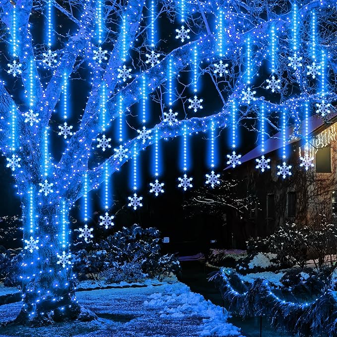 Enhon 2 Pack Meteor Shower Snowflake Lights Outdoor with Timer, Total 480 LED 12in 16 Tube Connectable Waterproof Meteor Rain Drop Christmas Light with Snowflake for Xmas Tree Roof Garden(Blue)