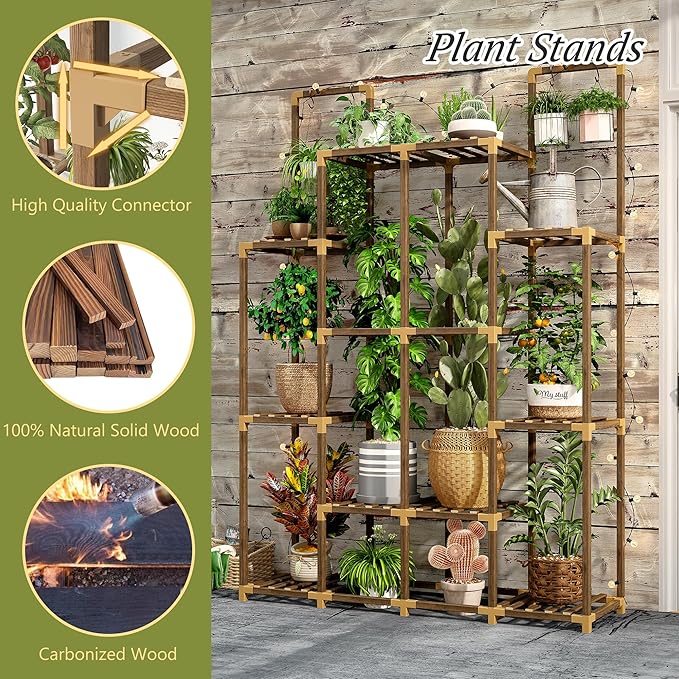EnHomee Tiered Plant Stand Indoor Outdoor Wood Plant Shelf with 10 Potted & Double Rod Large Plants Holder Load-Bearing 440 LBS Plants Shelves Table 44.8''W*11.6''D*47''H