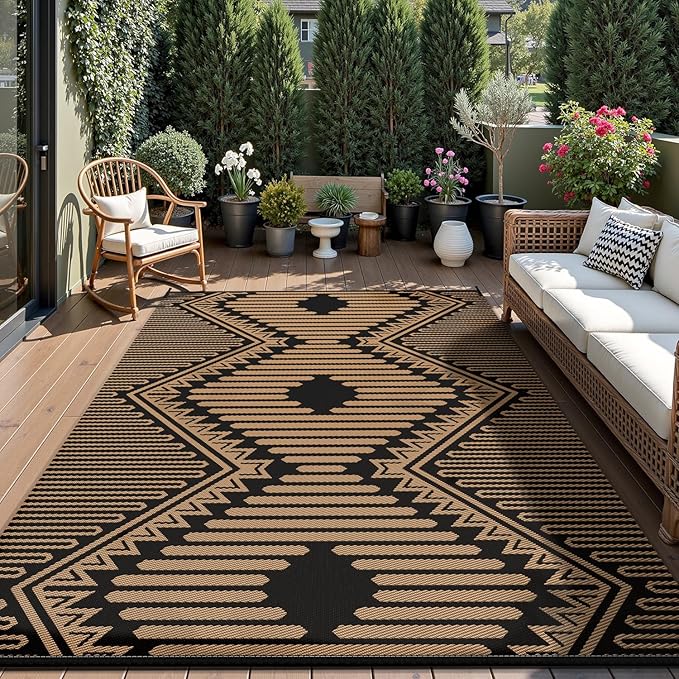 MontVoo Outdoor Rug 8x10 Waterproof Patio Rug-Outdoor Carpet Mat Reversible Plastic Straw Outside Outdoor Rug for RV Camping Picnic Balcony Backyard Pool Deck Porch Modern Boho Black Brown