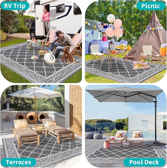 HEBE Outdoor Rug Waterproof 9x12, Reversible Plastic Straw Rug RV Camping Rug, Indoor Outdoor Patio Mat Clearance, Outside Carpet for Porch,Deck,Camper,Balcony,Backyard,Picnic