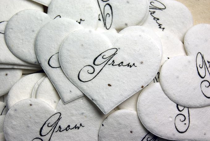 Of The Earth Handmade Paper - Wildflower Seed Paper Small Heart Tags - Calligraphy Variations - 1.75" X 1.5" - Set of 50 (Grow)