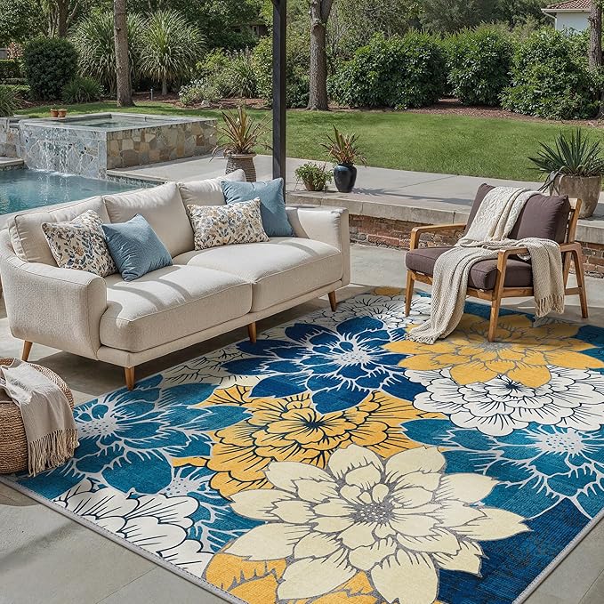 GENIMO Indoor Outdoor Area Rug 8' X 10' Waterproof, Washable Patio Rug Non Shedding, Easy Cleaning Floral Outdoor Carpet for Living Room, Bedroom, Dining Room, Balcony, Backyard, Deck, RV, Blue