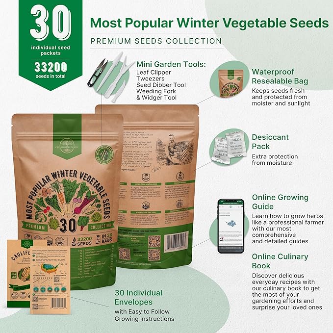 Organo Republic 30 Most Popular Winter Vegetable Garden Seeds Variety Pack- Outdoors/Indoor 33,200+ Non-GMO Heirloom Veggie Seeds Broccoli Beet Carrot Cabbage Chives Lettuce Radish Pea Spinach & More