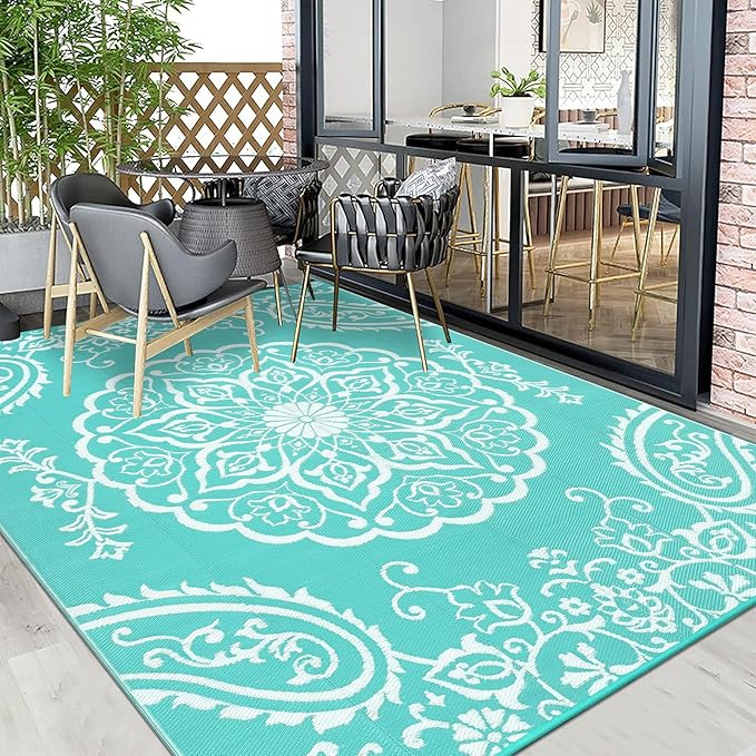 Pauwer Waterproof Outdoor Rug 8x10, Reversible Plastic Straw Patio Camping Rug, Indoor Outdoor RV Mat Carpet for Deck, Camper, Porch, Balcony, Backyard, Picnic, Boho Light Blue