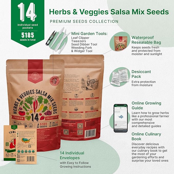 14 Herbs & Veggies Salsa Mix Seeds Variety Pack - 5,180+ Non GMO Heirloom Herb, Tomato & Chili Pepper Seeds for Planting, Outdoor & Indoor Home Gardening: Basil, Cilantro, Onion, Peppers, Tomatoes