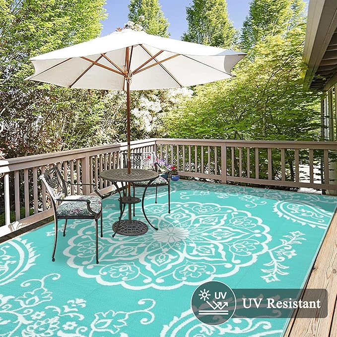 Pauwer Waterproof Outdoor Rug 6x9, Reversible Plastic Straw Patio Camping Rug, Indoor Outdoor RV Mat Carpet for Deck, Camper, Porch, Balcony, Backyard, Picnic, Boho Light Blue