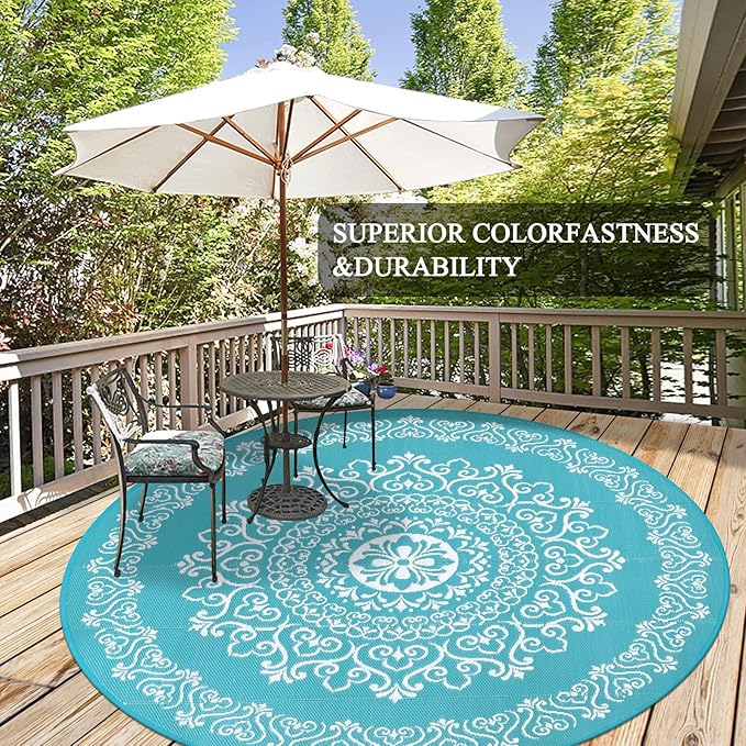 Pauwer Waterproof Outdoor Rug 8ft, Reversible Plastic Straw Patio Camping Rug, Indoor Outdoor RV Mat Carpet for Deck, Camper, Porch, Balcony, Backyard, Picnic, Floral Teal