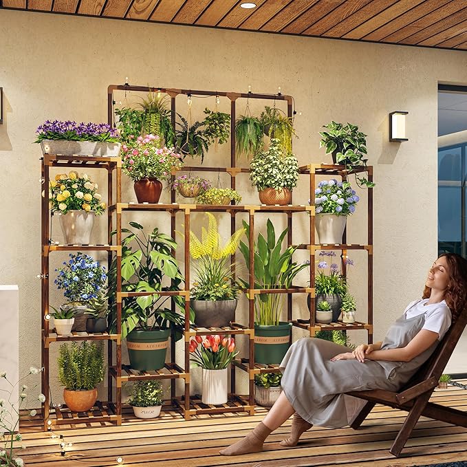 EnHomee Plant Stand Indoor Tall Plant Stand Outdoor Large Wood Plant Shelf Indoor for 22 Pots Plants,4-tiers Plant Holder for Patio Living Room Gardening Balcony 55.9" Wx63.1 Hx11.78 D