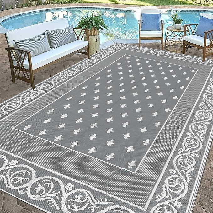 Pauwer Waterproof Outdoor Rug 8x10, Reversible Plastic Straw Patio Camping Rug, Indoor Outdoor RV Mat Carpet for Deck, Camper, Porch, Balcony, Backyard, Picnic, Bordered Grey