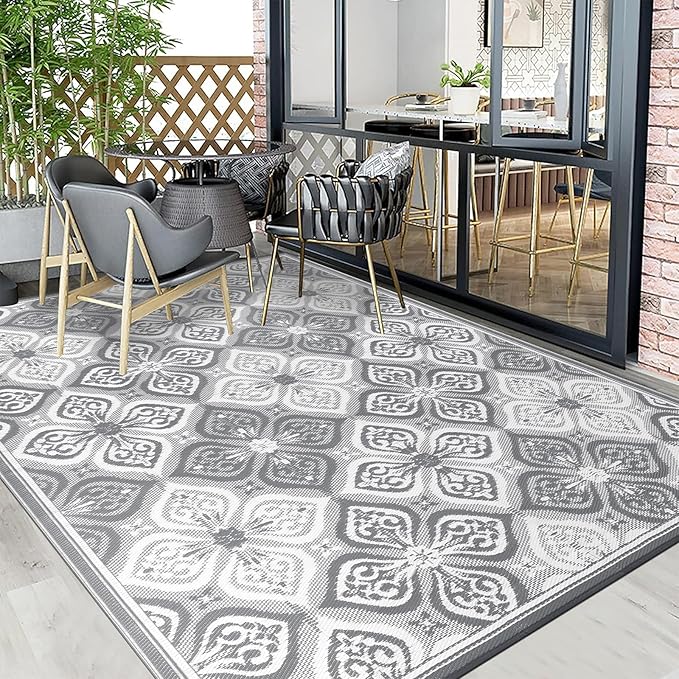 Pauwer Waterproof Outdoor Rug 9x12, Reversible Plastic Straw Patio Camping Rug, Indoor Outdoor RV Mat Carpet for Deck, Camper, Porch, Balcony, Backyard, Picnic, Clover Grey