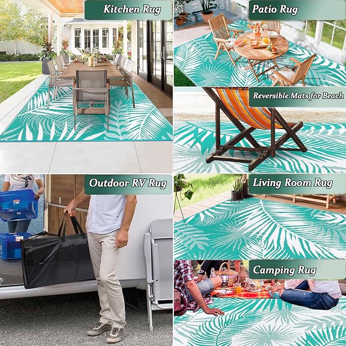 Outdoor Rug 8'x10' Waterproof for Patios Clearance, Reversible Outdoor Plastic Straw Rug Camping Carpet, Outside Floor Mats Large Area Rugs for RV,Patio,Deck,Porch, Beach,Balcony,Teal&White