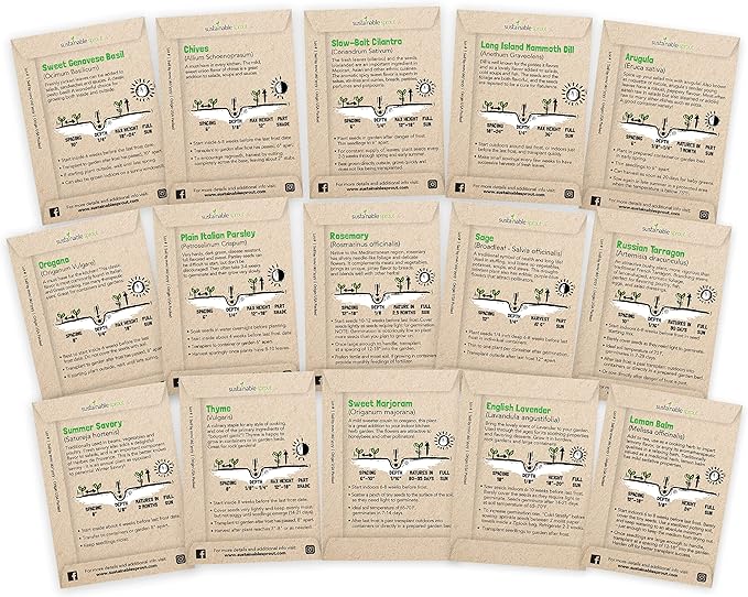 Culinary Herb Seeds Variety Pack: 15 Heirloom Garden Seeds Basil Cilantro Parsley Chives Thyme Oregano Dill Rosemary Arugula Tarragon Lavender Lemon Balm Marjoram Rosemary & Sage by Sustainable Sprout
