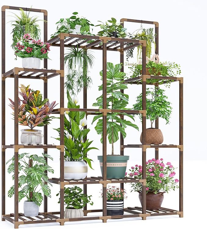 EnHomee Plant Stand Indoor Tall Plant Stand Outdoor Large Wood Plant Shelf Indoor for 14 Pots Plants,4-tiers Plant Holder for Patio Living Room Gardening Balcony 44.8" Wx47.2 Hx11.78 D