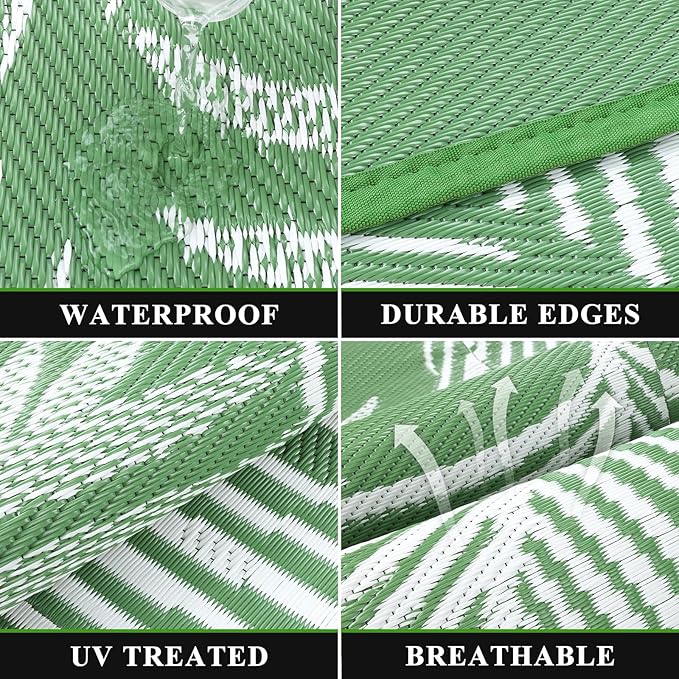 Pauwer Waterproof Outdoor Rug 6x9, Reversible Plastic Straw Patio Camping Rug, Indoor Outdoor RV Mat Carpet for Deck, Camper, Porch, Balcony, Backyard, Picnic, Leaf Green