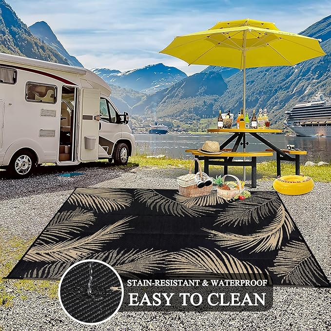 Pauwer Waterproof Outdoor Rug 8x10, Reversible Plastic Straw Patio Camping Rug, Indoor Outdoor RV Mat Carpet for Deck, Camper, Porch, Balcony, Backyard, Picnic, Leaf Black Brown