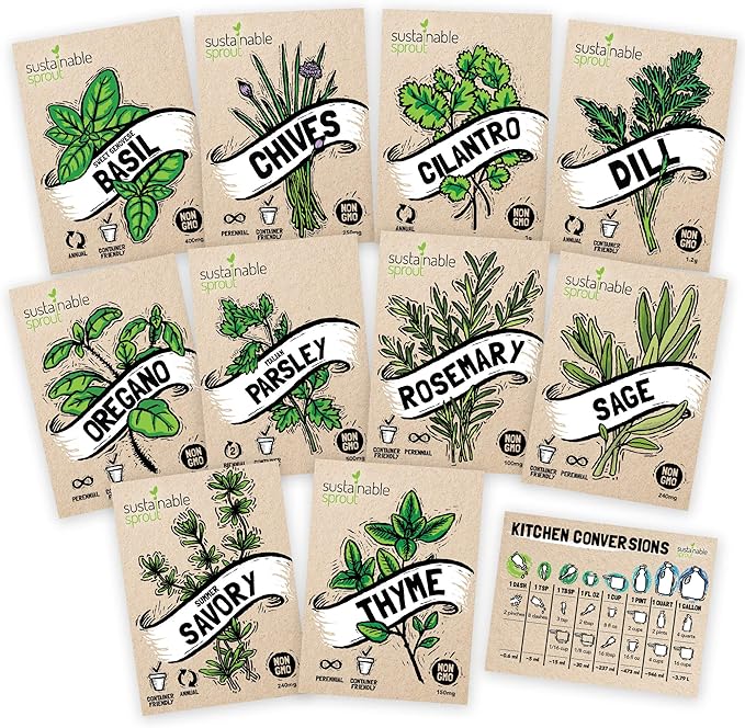 Culinary Herb Seeds Variety Pack: 10 Spice Herbs, Hydroponic Garden Indoors, Heirloom Planting Basil, Parsley, Sage, Thyme, Rosemary, Cilantro, Chives Dill Oregano, Summer Savory by Sustainable Sprout
