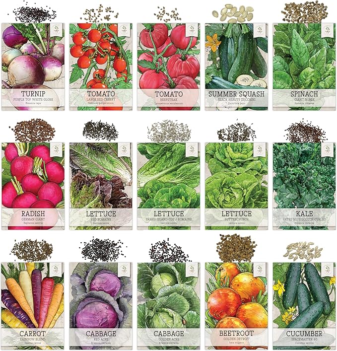 Seed Needs, Vegetable Seed Packet Collection Variety Pack (15 Varieties of Heirloom Vegetable Seeds for Planting) Organically Grow Your Own Produce