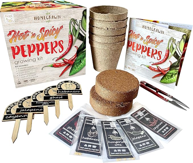 Hapinest Indoor Hot and Spicy Pepper Garden Seed Starter Growing Kit Gardening Gifts for Men and Women - Jalapeno, Habanero, Hungarian Yellow Wax, Ghost, and Cayenne