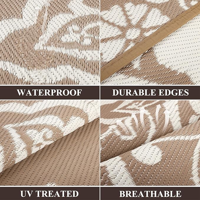 Pauwer Waterproof Outdoor Rug 8x10, Reversible Plastic Straw Patio Camping Rug, Indoor Outdoor RV Mat Carpet for Deck, Camper, Porch, Balcony, Backyard, Picnic, Boho Brown