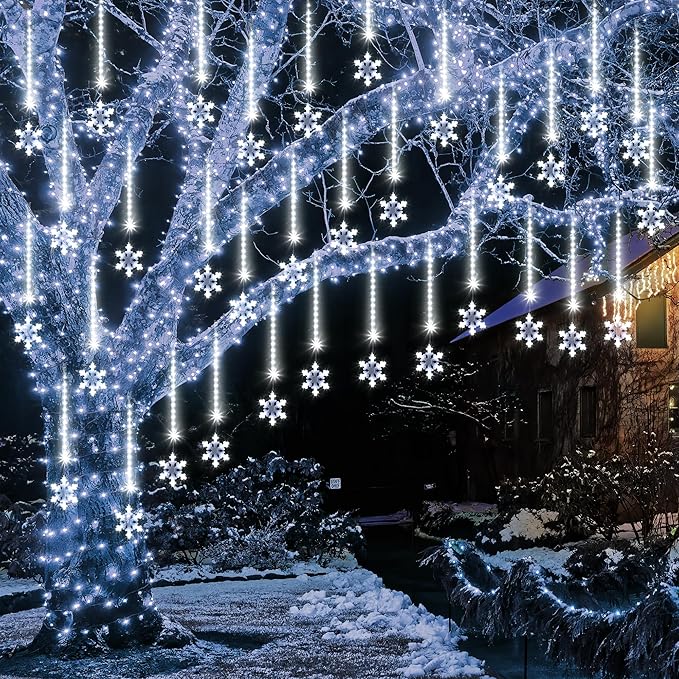 Enhon 2 Pack Meteor Shower Snowflake Lights Outdoor with Timer, Total 480 LED 12in 16 Tube Connectable Waterproof Meteor Rain Drop Christmas Light with Snowflake for Xmas Tree Roof Garden(Cool White)