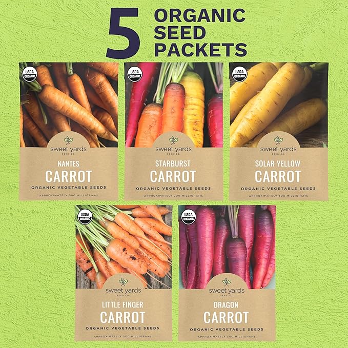 Organic Carrot Seeds Variety Pack - 5 Individual Packs - 2025 Season - Nantes, Little Finger, Dragon, Solar Yellow and More! for Indoor & Outdoor Planting (Non-GMO, Certified Organic)