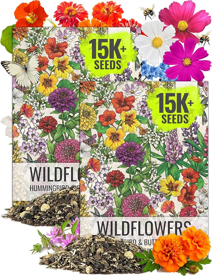 Seed Needs Wildflower Seeds Hummingbird and Butterfly Seed Mix | 2 Packs (1 Ounce Each) No Filler 23 Varieties Garden Seeds Annual & Perennial Species | Pollinator Attracting Flower Seed | Bulk