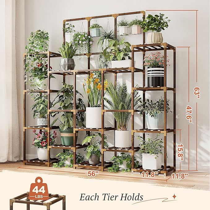 EnHomee 63''H Upgrade Plant Stand Indoor Tall Plant Stands Outdoor with 7 Tiers and 14 Potted Wood Plants Shelves Stand Load-Bearing 600 LBS 11.8''x56''x63''
