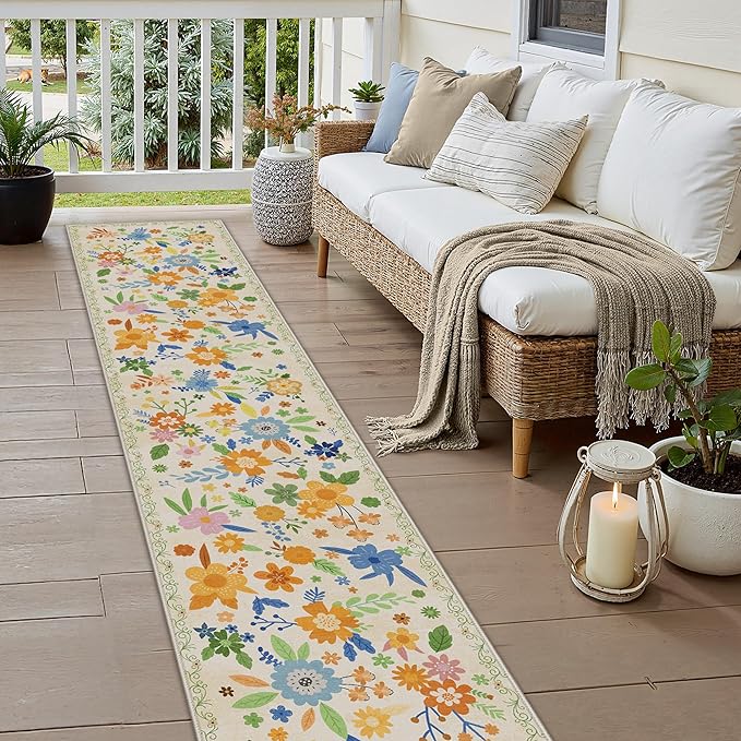 GENIMO Indoor Outdoor Area Rug 2' X 10' Waterproof, Washable Door Mat Non Shedding, Easy Cleaning Floral Outdoor Carpet for Patio, Entryway, Porch, Bathroom, Living Room, Bedroom, Backyard