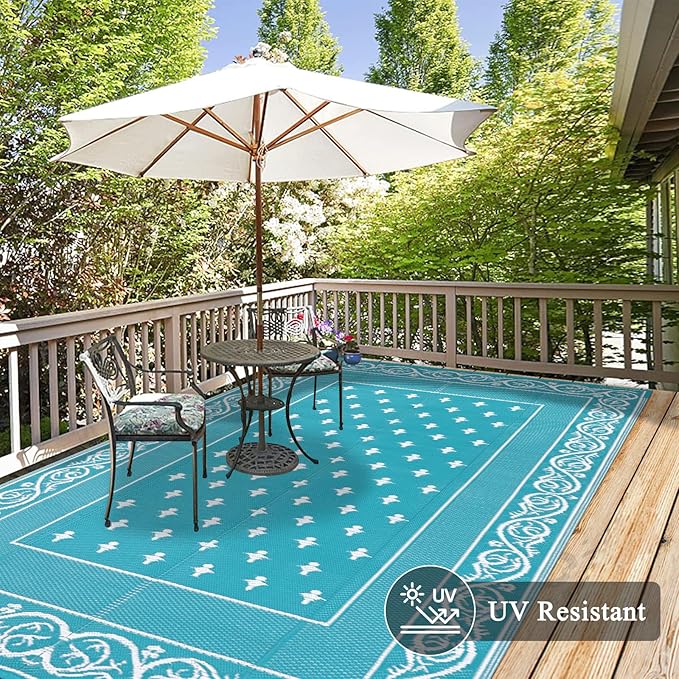 Pauwer Waterproof Outdoor Rug 6x9, Reversible Plastic Straw Patio Camping Rug, Indoor Outdoor RV Mat Carpet for Deck, Camper, Porch, Balcony, Backyard, Picnic, Bordered Teal