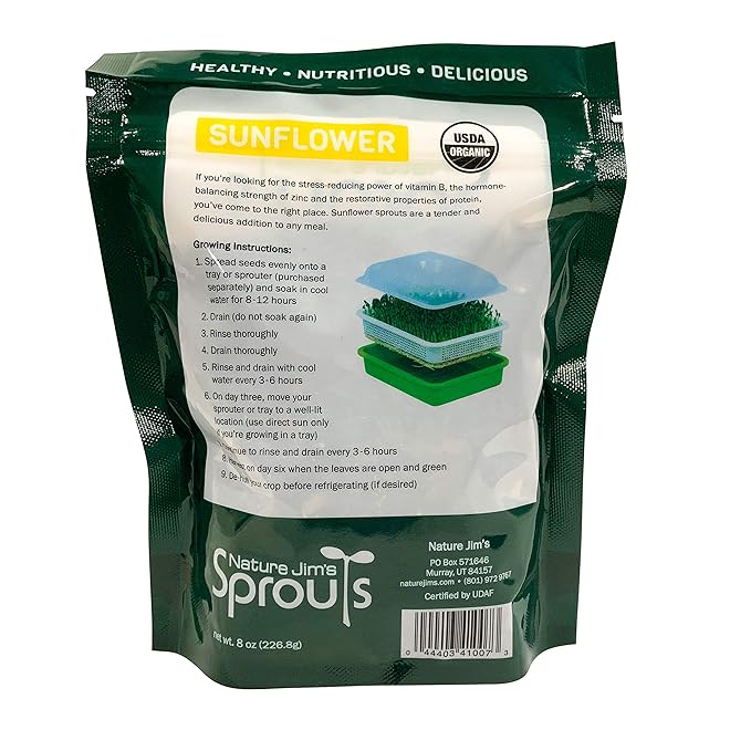 Nature Jims Sprouts Sunflower Seeds - Certified Organic Black Oil Sunflower Sprouts for Soups - Raw Bird Food Seeds - Non-GMO, Chemicals-Free - Easy to Plant, Fast Sprouting Sun Flower Seeds - 8 Oz